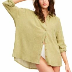 Billabong In The Tide Striped Button-Down Top In Avocado
